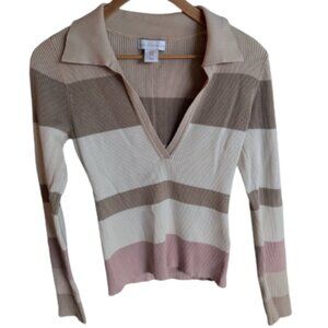 House of Harlow 1960 Ribbed Knit Striped V Neck Long Sleeve Top Womens Medium
